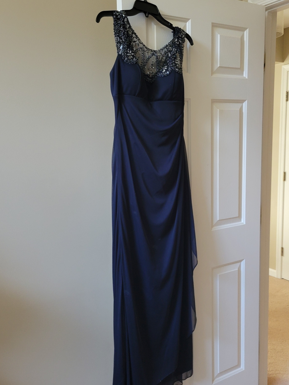 Xscape Navy Beaded Illusion Yoke Gown